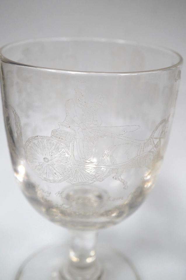 A diamond point engraved commemorative goblet, with the design of the Royal coat of arms, Prince of Wales feathers, horses, riders and a poem, inscribed ‘D.Coghill 1881’ together with a wheel engraved graved rummer, insc